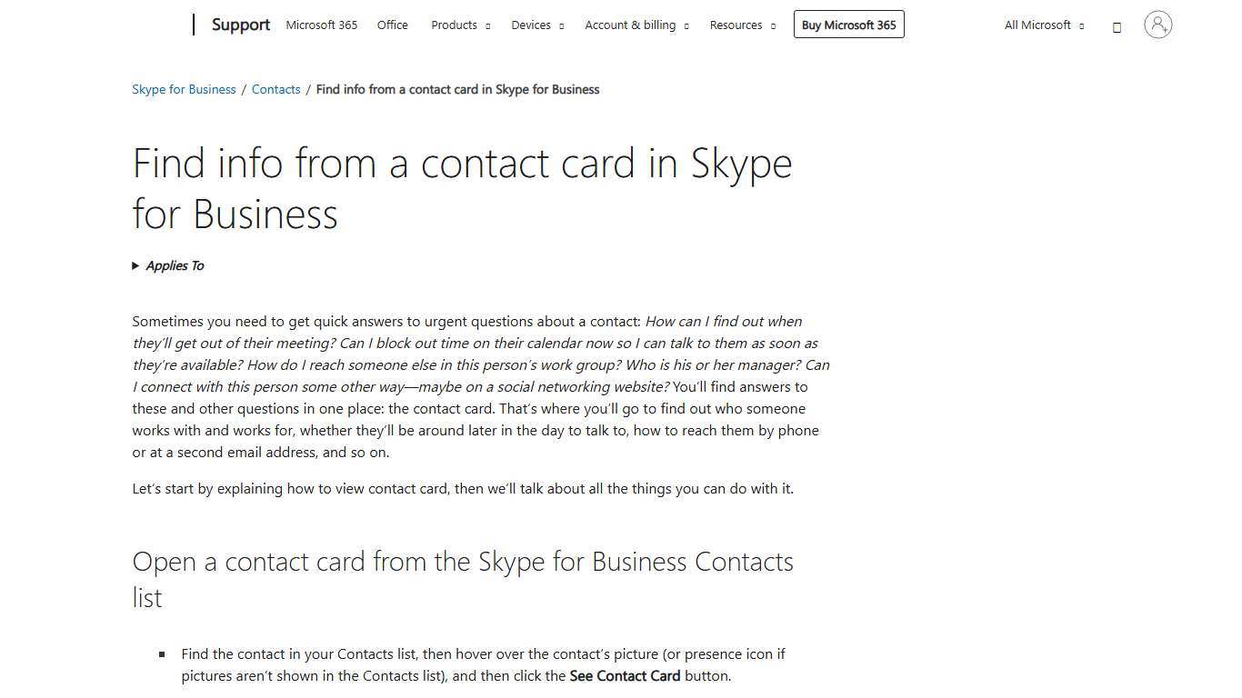 Find info from a contact card in Skype for Business - Microsoft Support